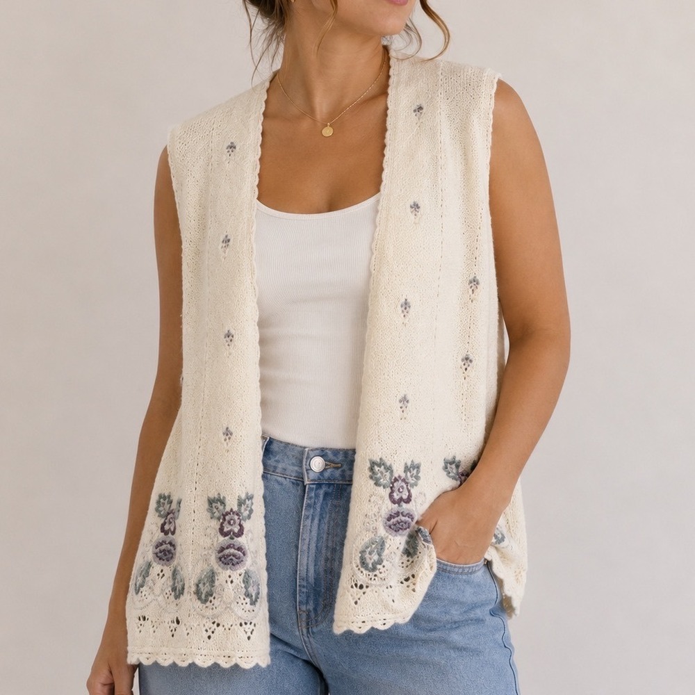 Vintage Whimsy Floral Embroidered Knit Vest Cottagecore Lace‎ Trim Soft Cream S